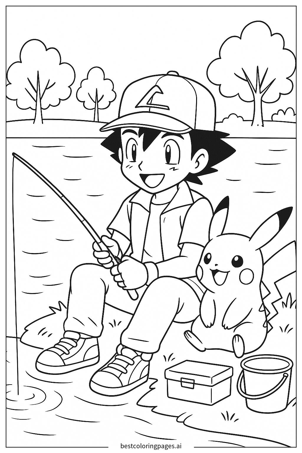 Ash and pikachu fishing by a lake