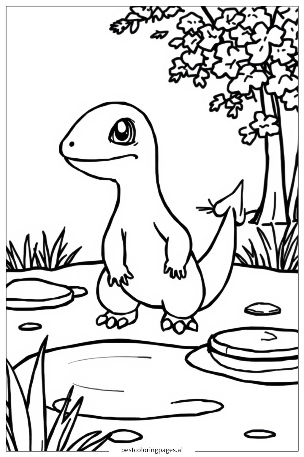 Charmander standing by a pond
