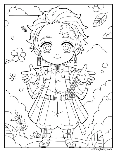 Trang Tô Màu Chibi Tanjiro Có Phông Nền Demon Slayer