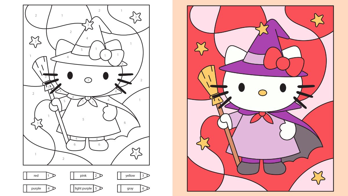 Trang tô màu Halloween theo số với trang phục phù thủy Hello Kitty