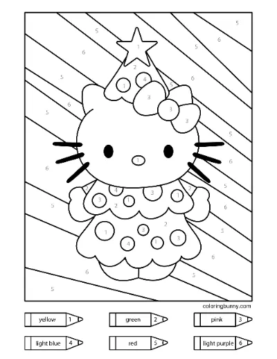 Trang tô màu Giáng Sinh theo số: Cây thông Giáng Sinh Hello Kitty