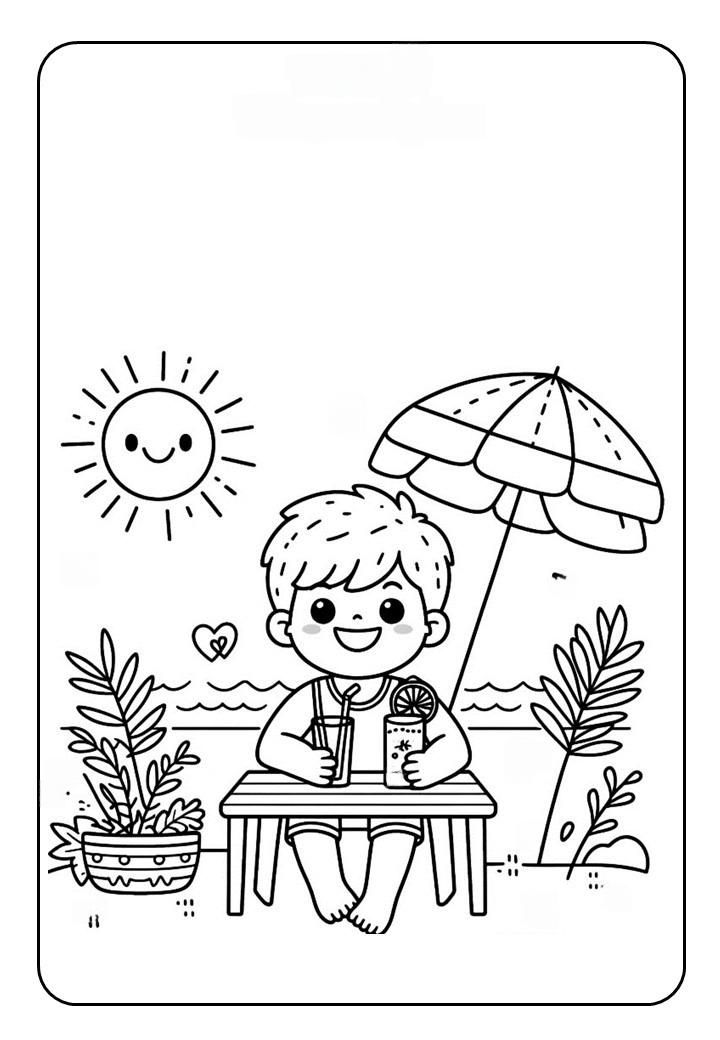 Bé trai uống nước bên bờ biển