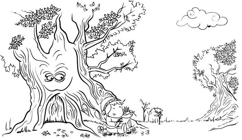 cậu bé ngồi chơi dưới gốc cây