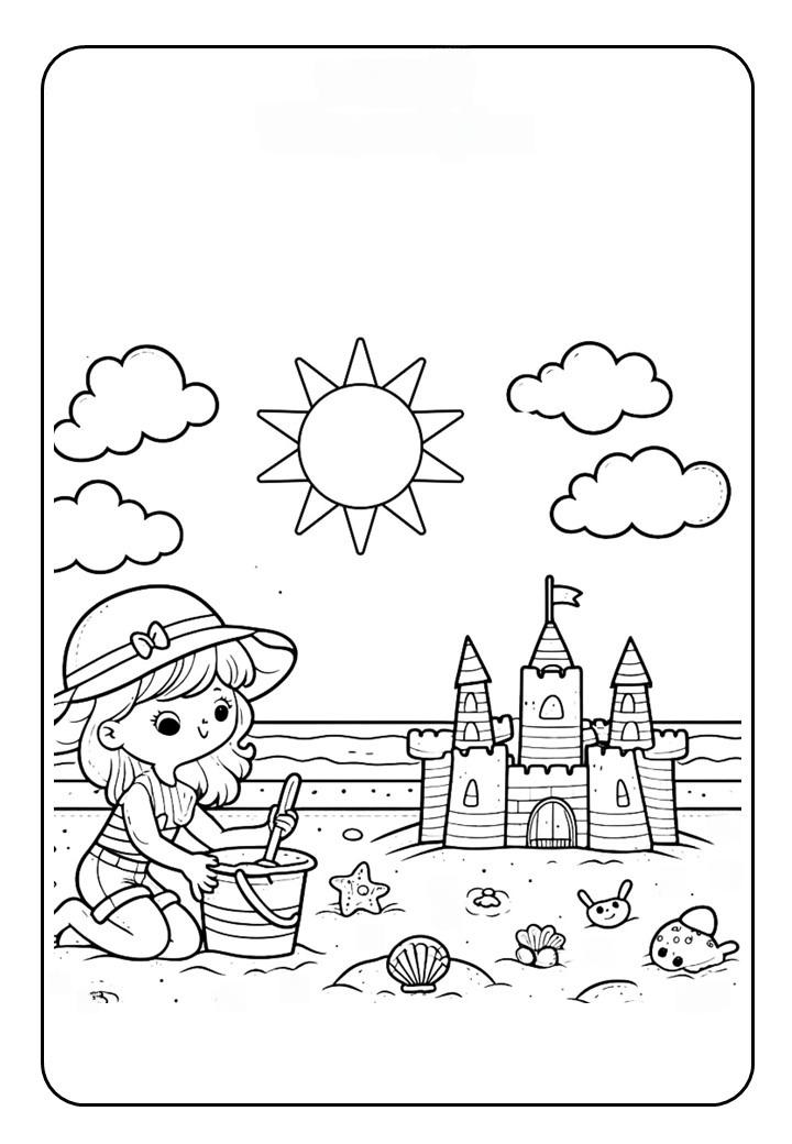 tô màu bé gái xây lâu đài cát