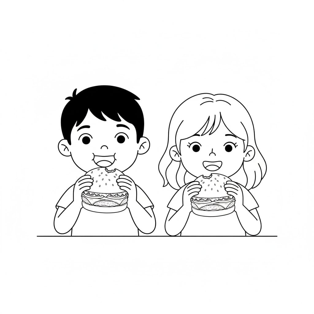 2 Đứa Trẻ Ăn Hamburger