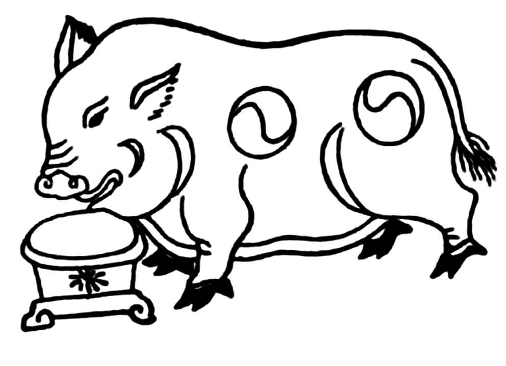 Tranh Đông Hồ Lợn Độc Bên Máng Thức Ăn