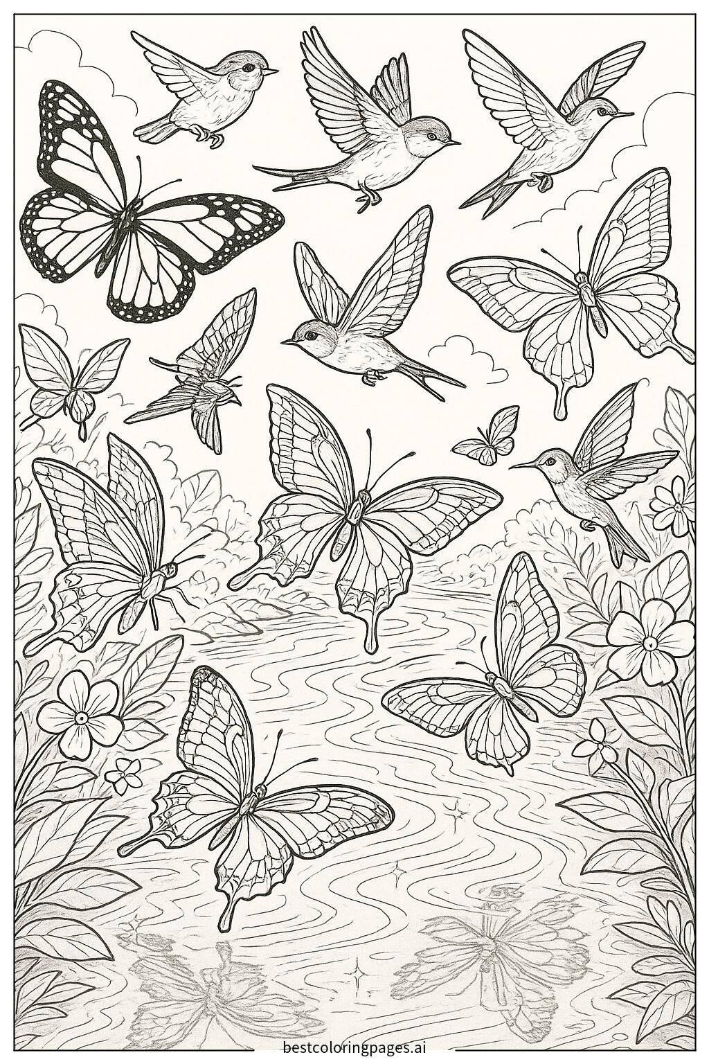Butterflies and birds flying over a sparkling river