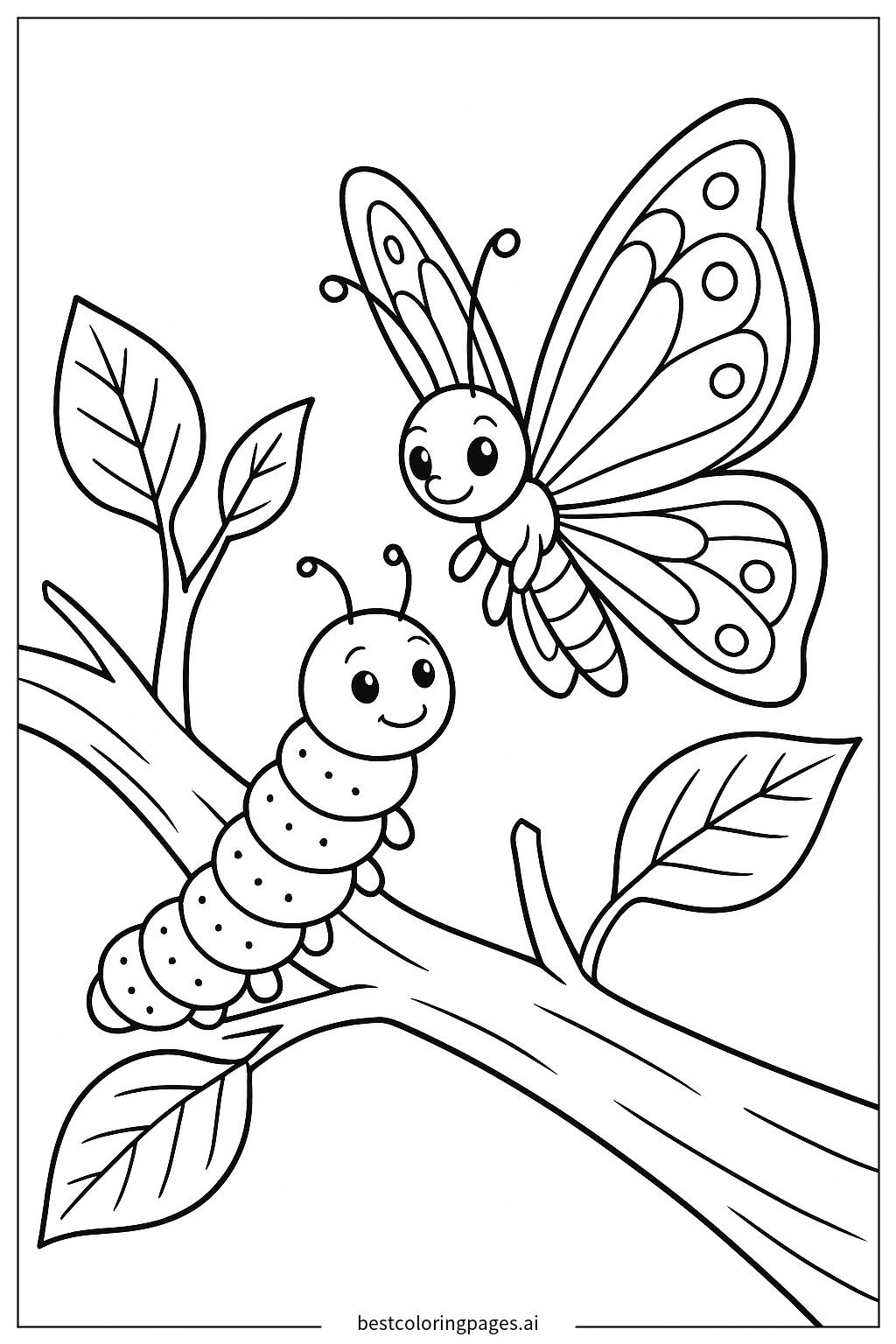 Butterfly and caterpillar on a tree branch