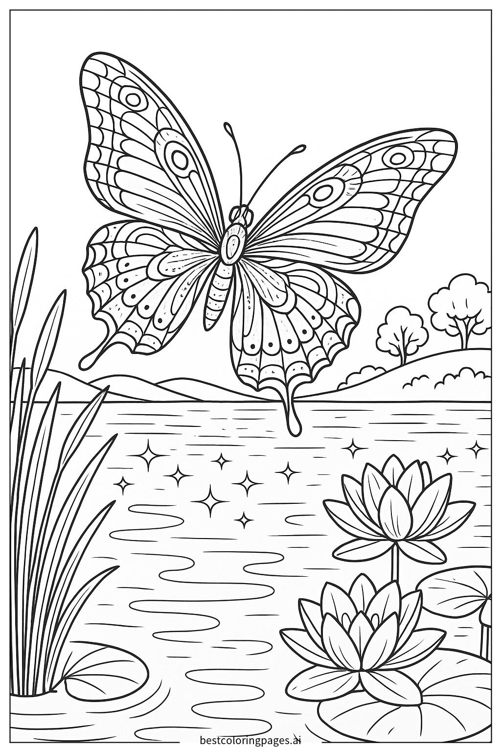 Butterfly flying over a sparkling lake