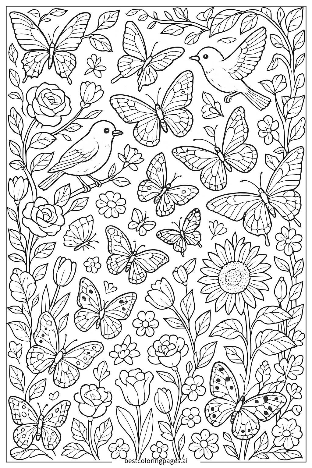Butterfly garden with flowers and birds