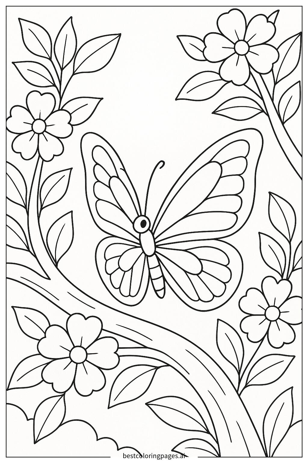 Butterfly on a branch with flowers and leaves