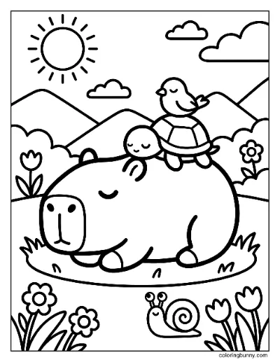 Capybara Ngủ Với Bạn Bè Trang Tô Màu