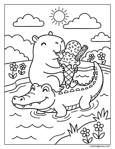 Capybara Ăn Kem Cá Sấu Trang Tô Màu