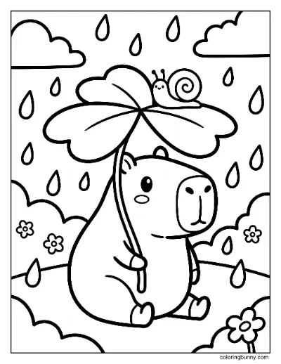 Capybara Tránh Mưa Trang Tô Màu
