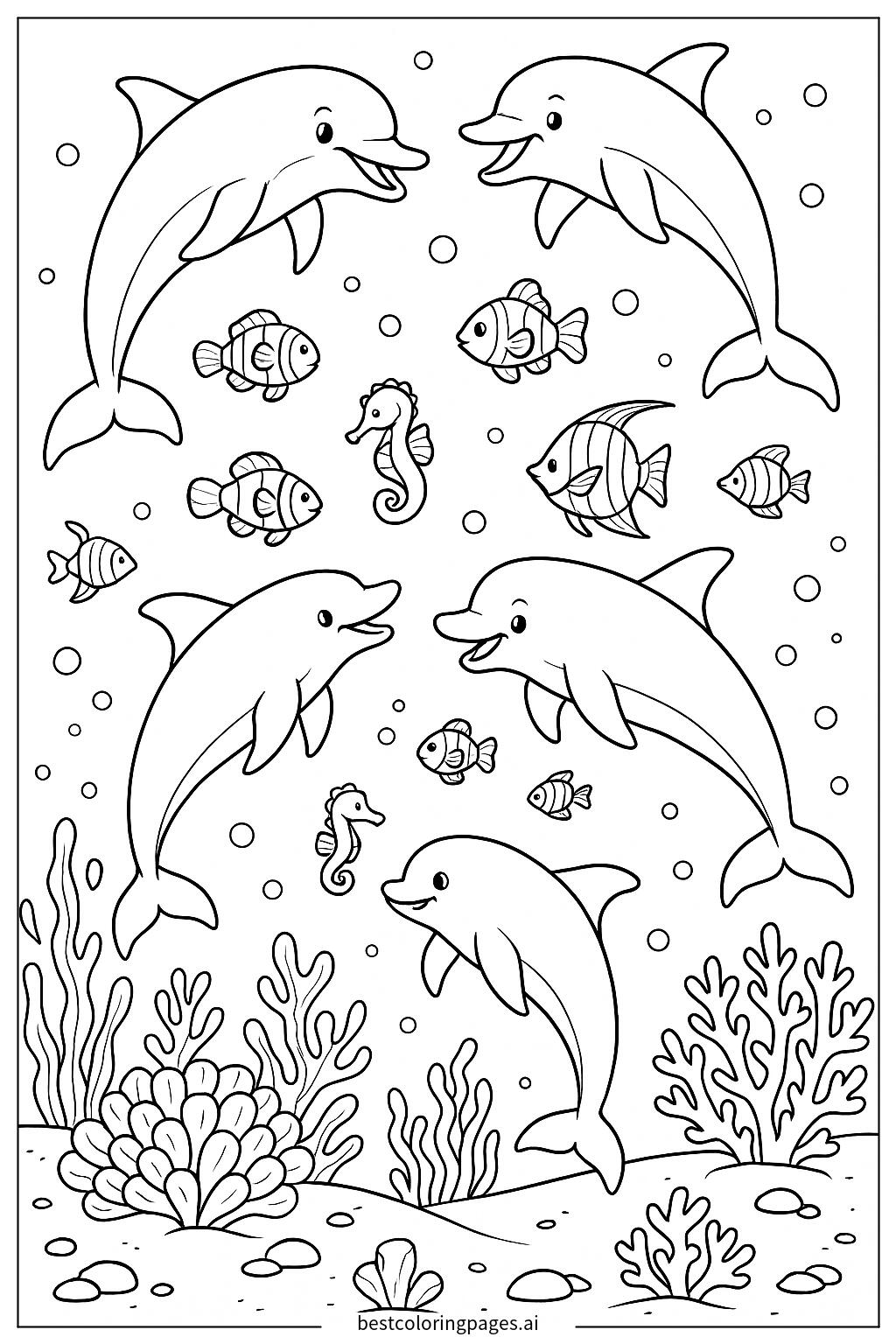 Dolphins and fish playing together