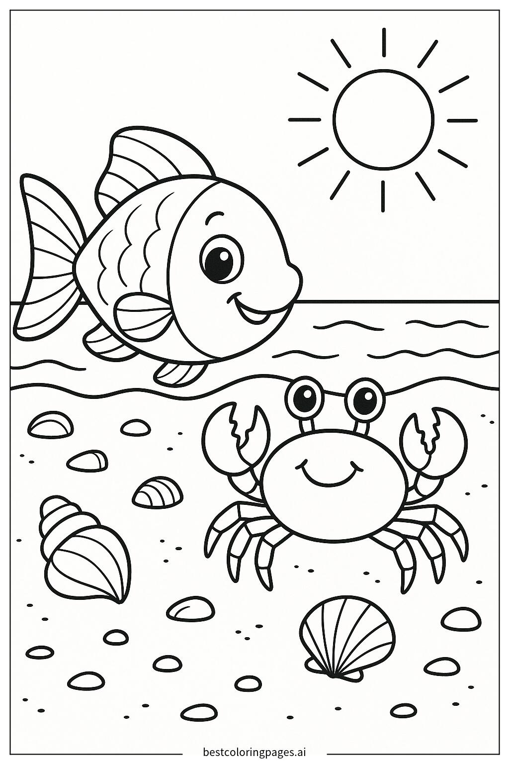Fish and crab on sandy beach