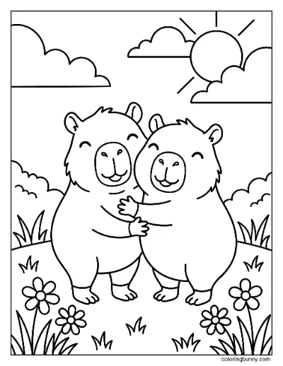 Hai Capybara Dễ Thương Ôm Nhau Trang Tô Màu