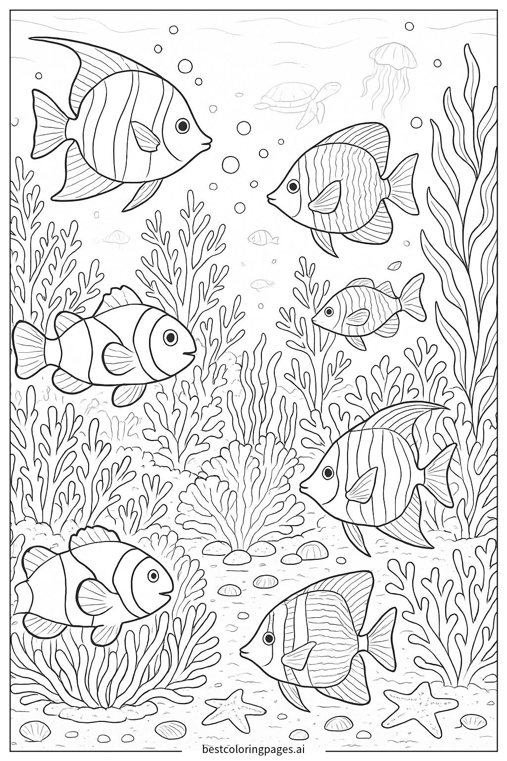 Underwater world with various fish