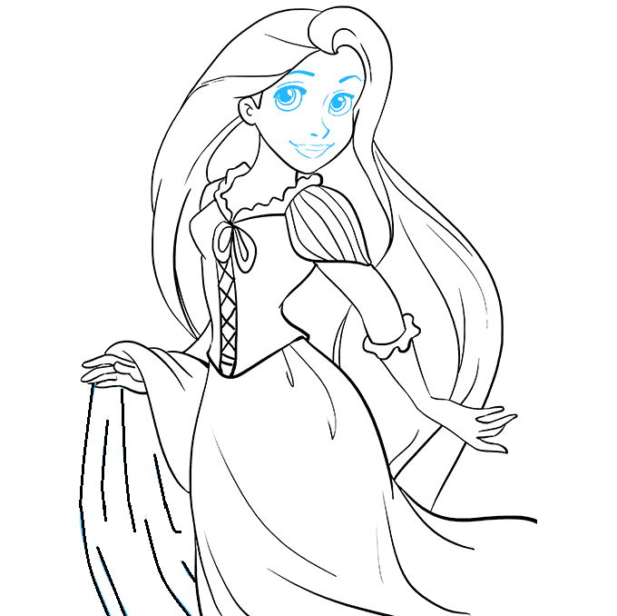 Hướng dẫn cách vẽ công chúa tóc mây đơn giản và dễ thương cho bé - Bước 8