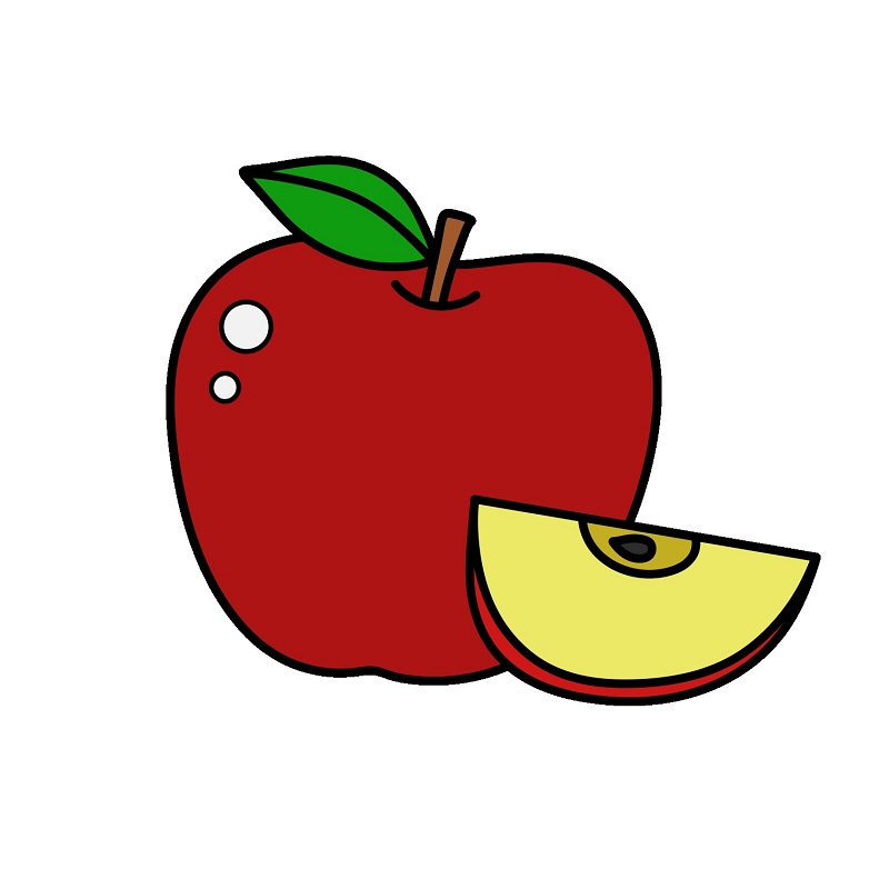 Hướng dẫn vẽ một quả táo nguyên vẹn và một miếng táo đã cắt.