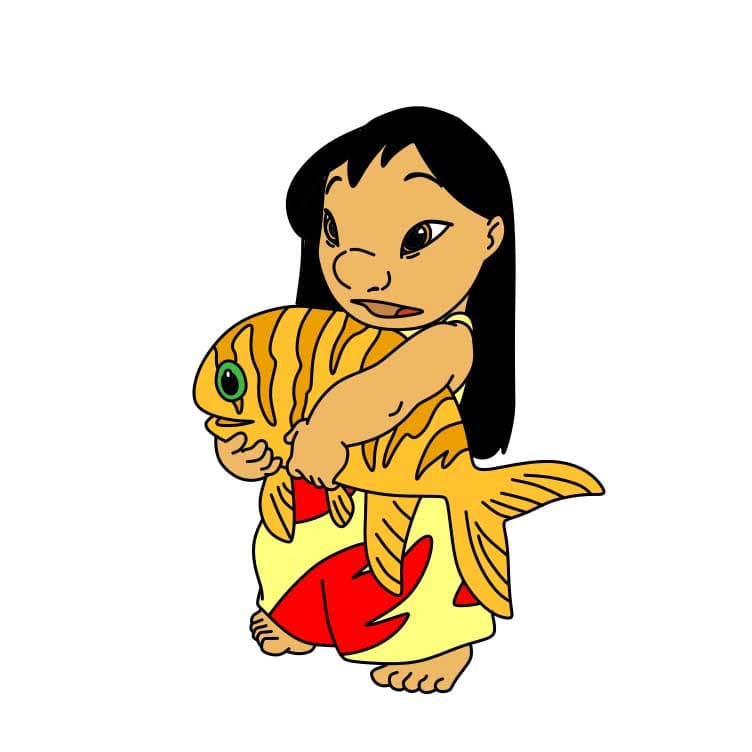 Hướng dẫn cách vẽ nhân vật Lilo Pelekai đang cầm con cá