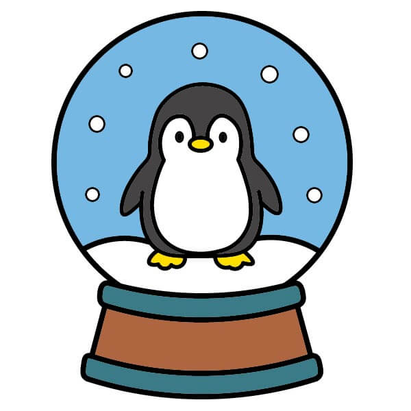 Hình vẽ Quả Cầu Tuyết đơn giản với một chú chim cánh cụt dễ thương.