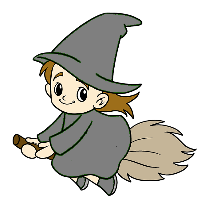 Hướng dẫn cách vẽ phù thủy đang cưỡi chổi bay thật đơn giản cho bé - Bước 10