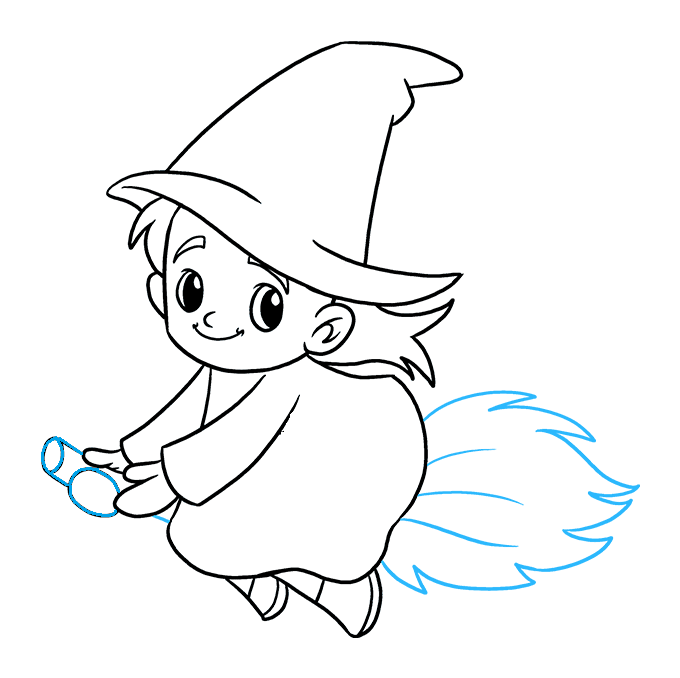 Hướng dẫn cách vẽ phù thủy đang cưỡi chổi bay thật đơn giản cho bé - Bước 9