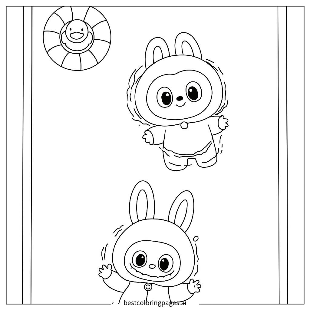 Labubu characters swimming