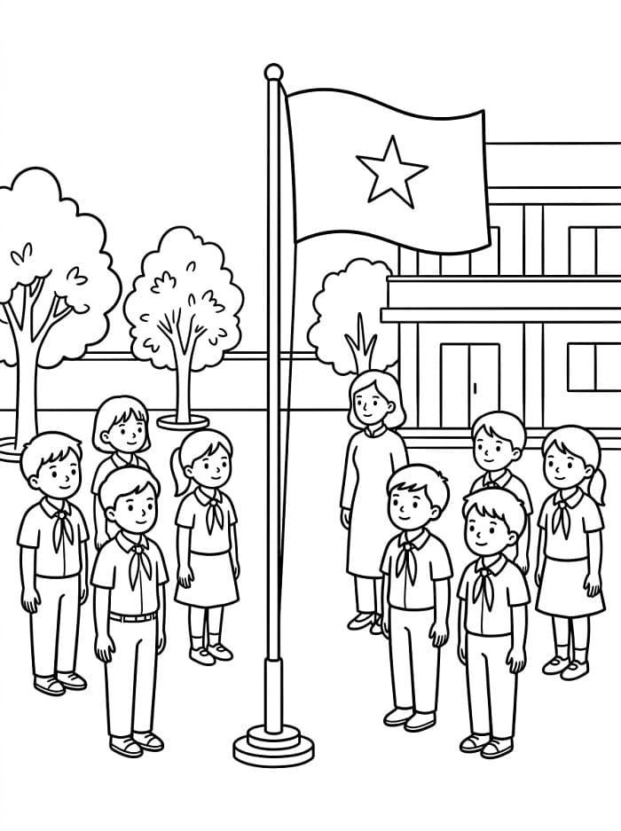 Students Saluting Under the Vietnamese Flag
