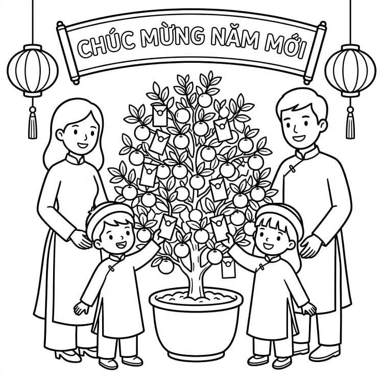 Gia Đình và Cây Quất Ngày Tết