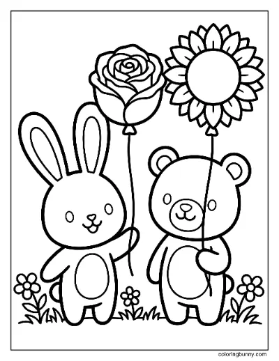 Trang Tô Màu Hai Nhân Vật Dễ Thương Cầm Bóng Hoa