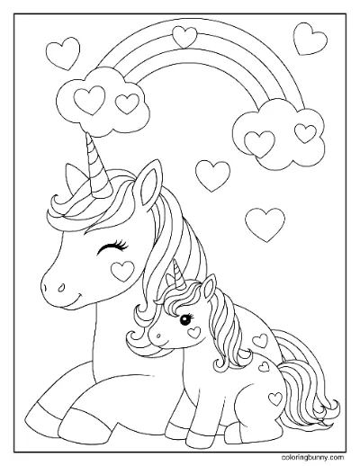 Trang Tô Màu Mẹ và Bé Kỳ Lân Với Cầu Vồng và Trái Tim