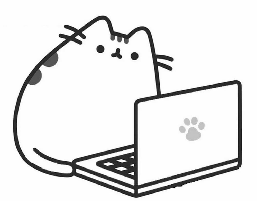 Pusheen làm việc với máy tính