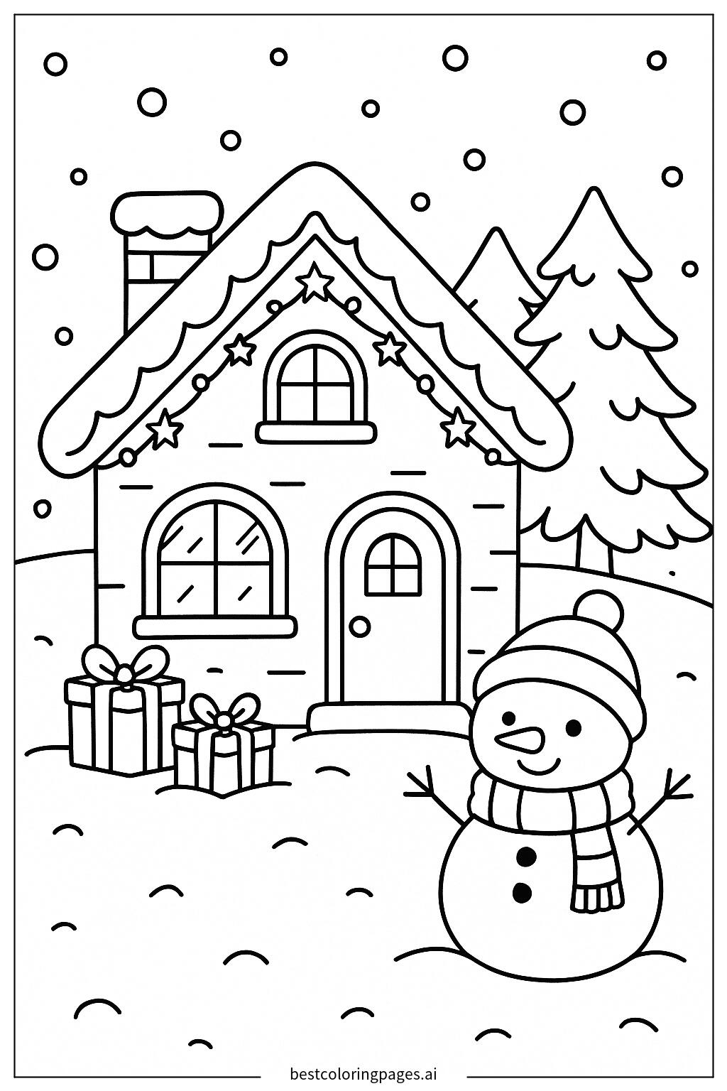 A snow covered house with christmas lights