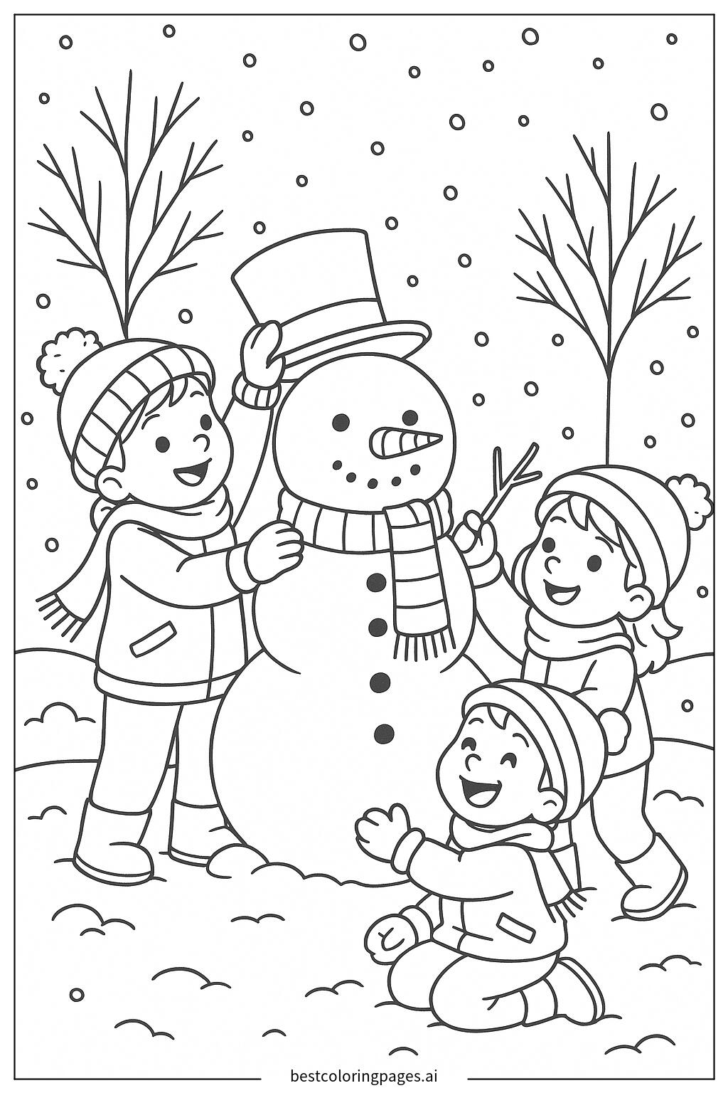 Children building a snowman together