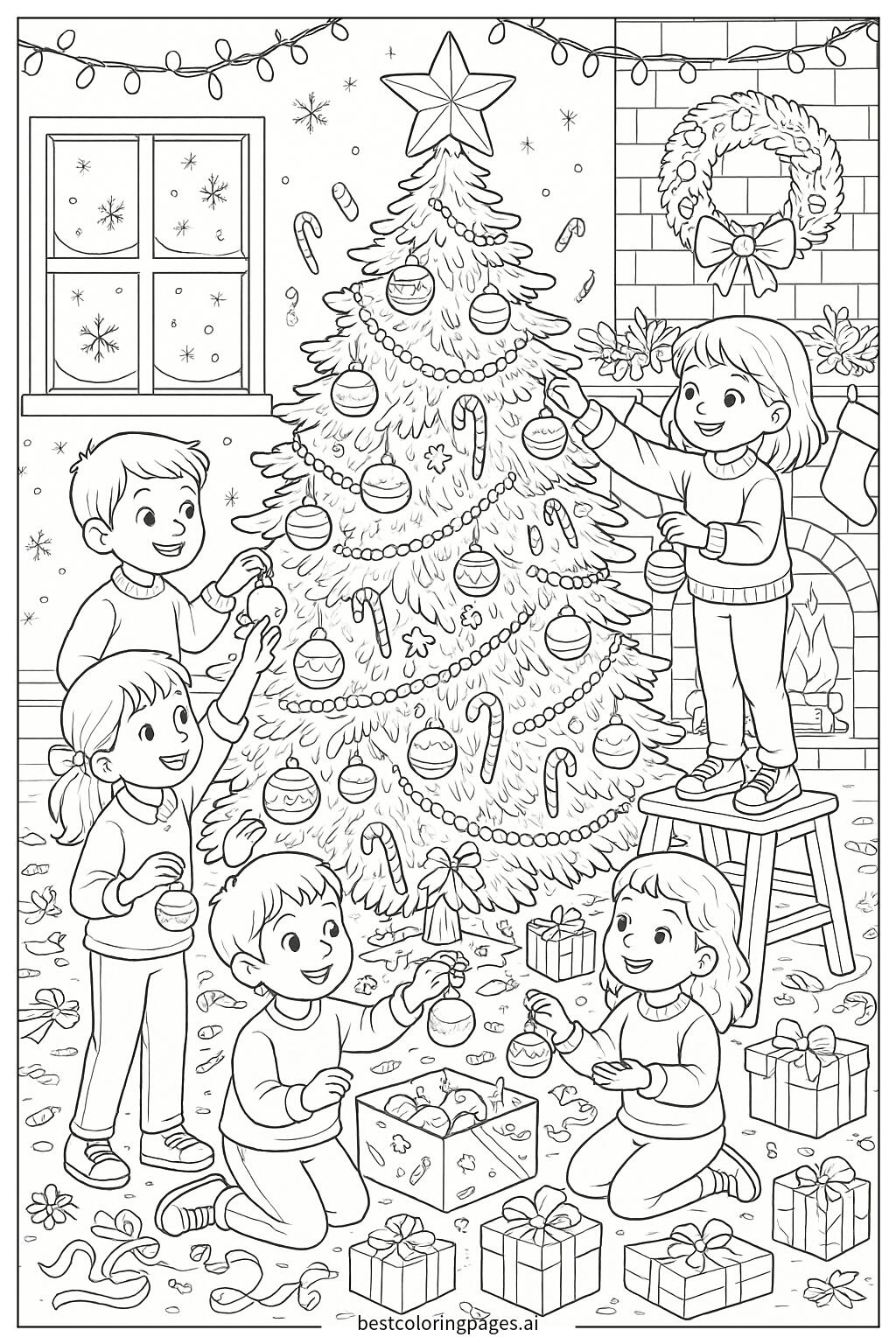 Children decorating a christmas tree