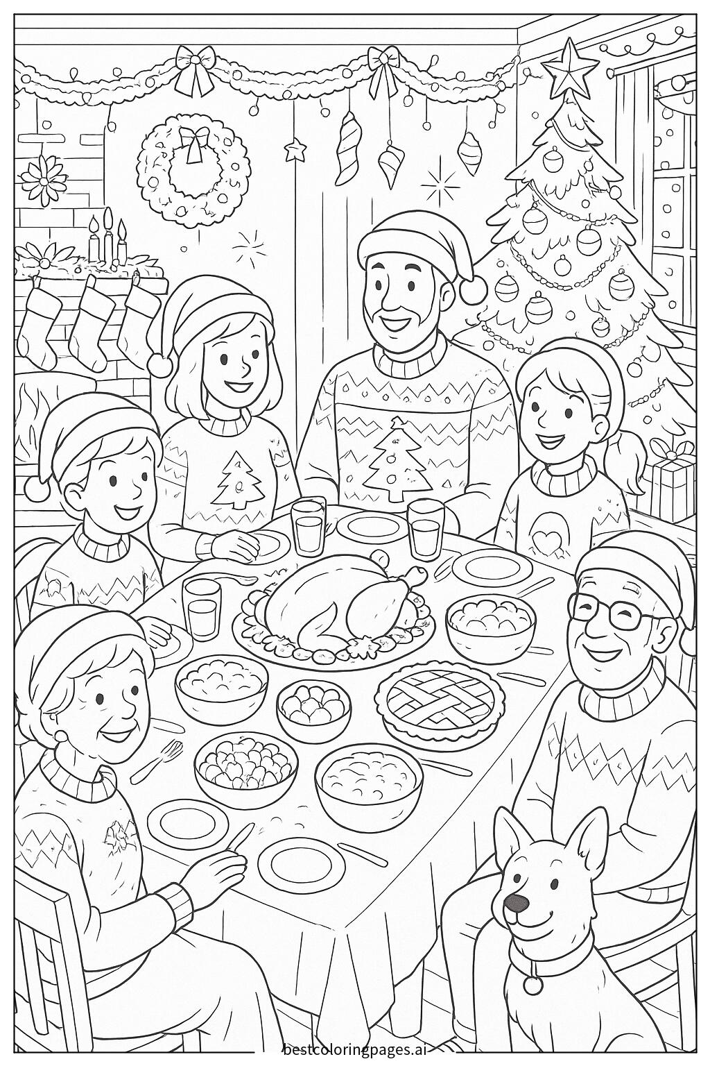 Christmas family dinner with decorated table
