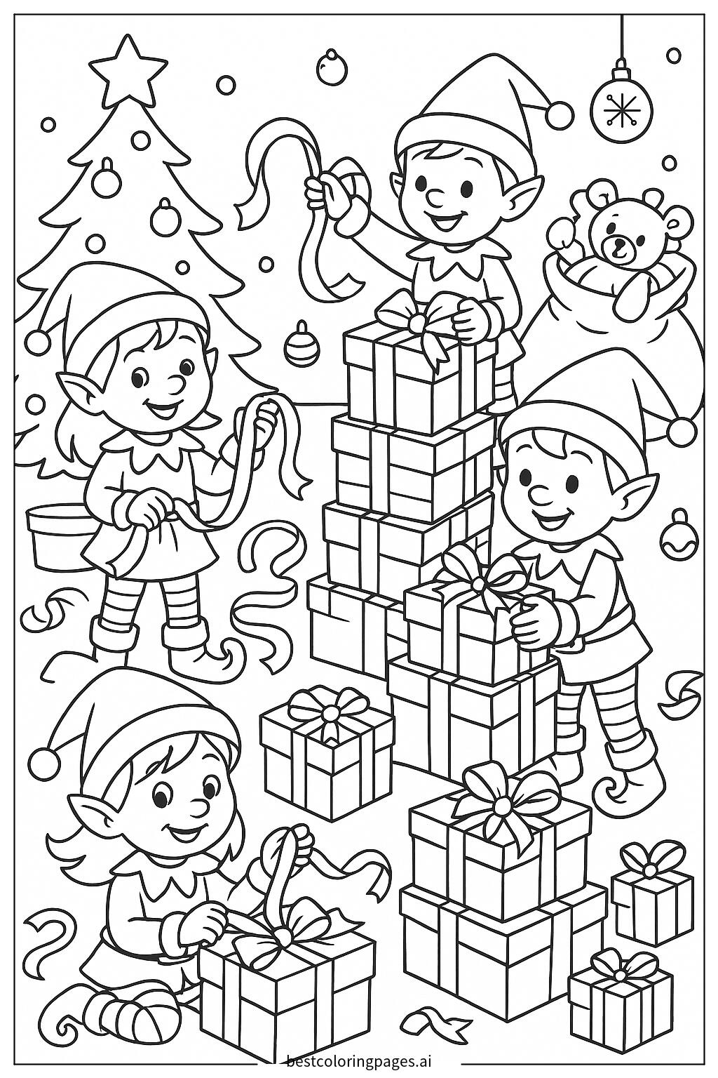 Elves wrapping presents with ribbons