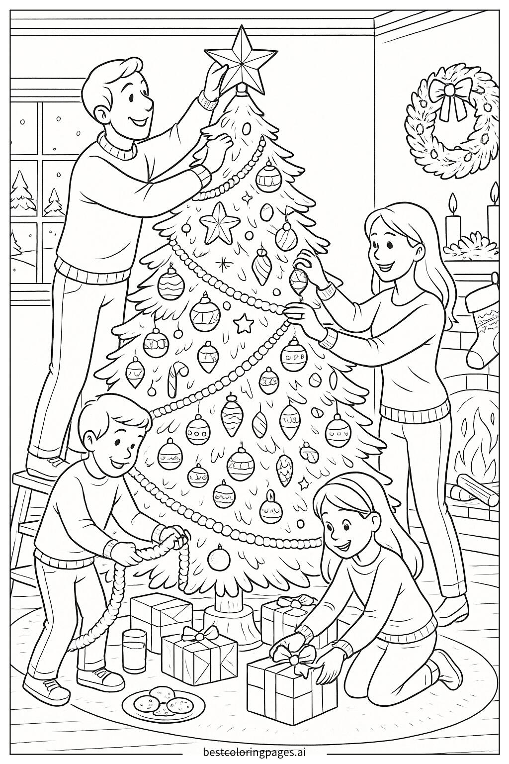 Family decorating a christmas tree