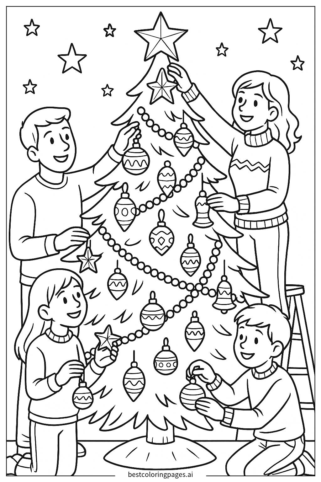 Family decorating christmas tree
