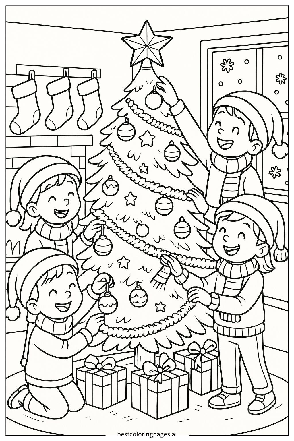Kids decorating christmas tree