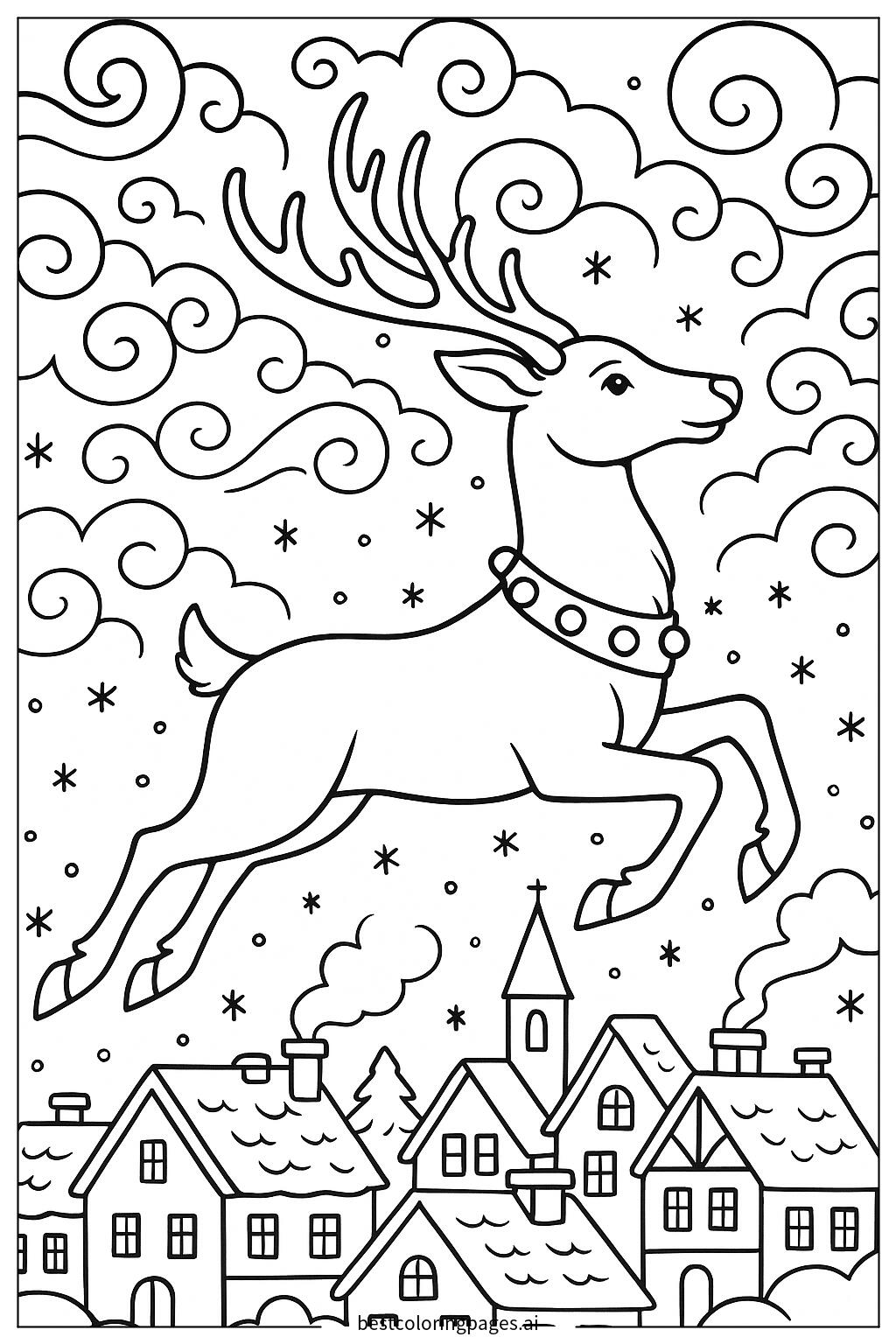 Reindeer flying over town