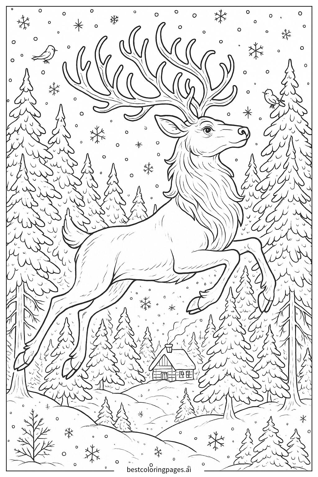 Reindeer flying through snowy forest