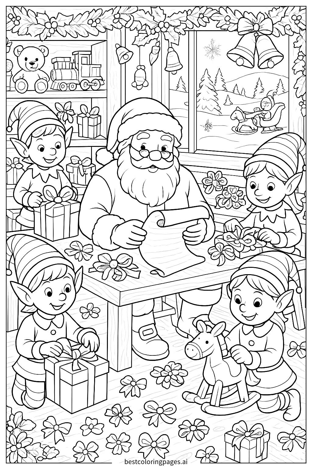 Santa and elves preparing gifts in a workshop