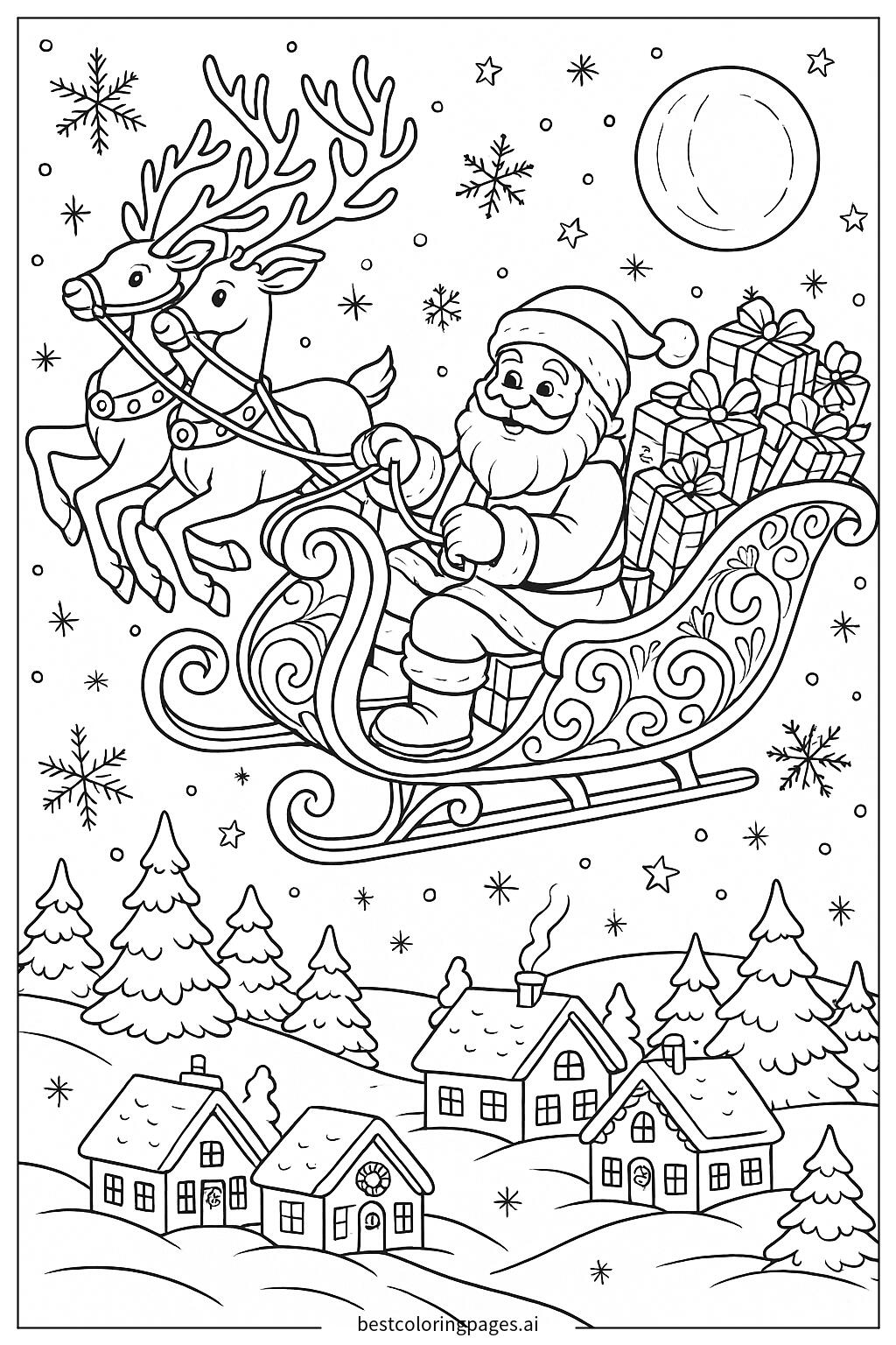 Santa flying in a sleigh with reindeer