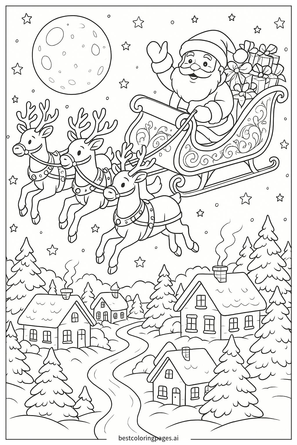 Santa flying over a snowy village in his sleigh