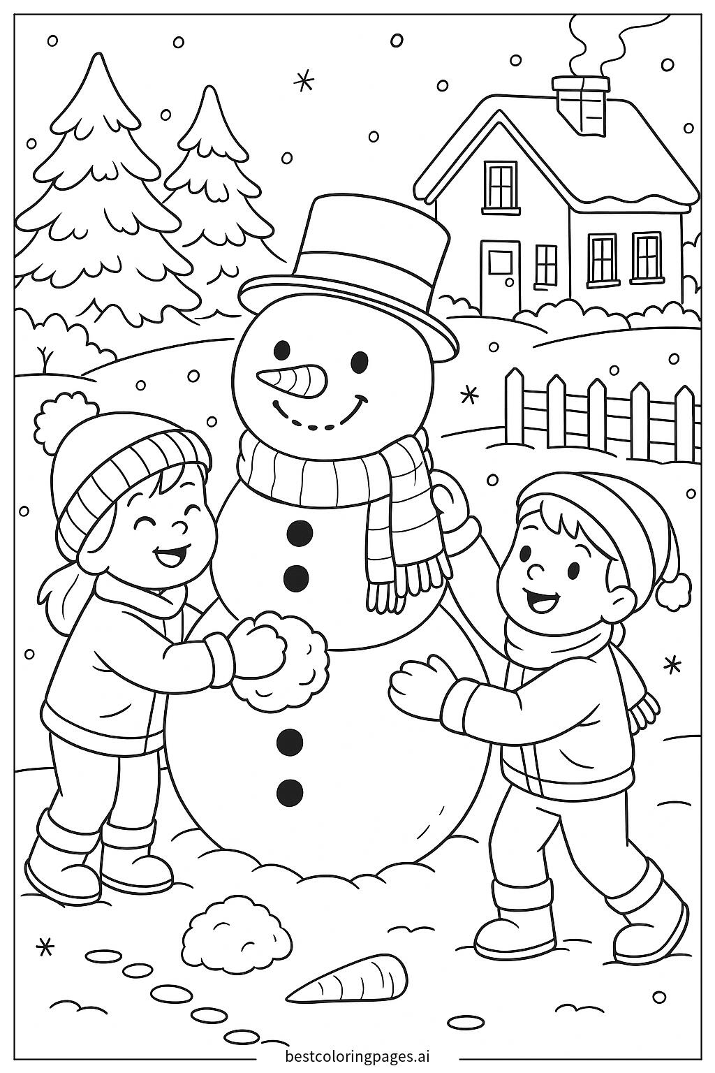 Snowman building in snowy yard