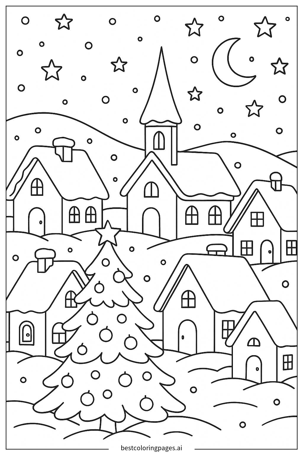 Snowy village at night