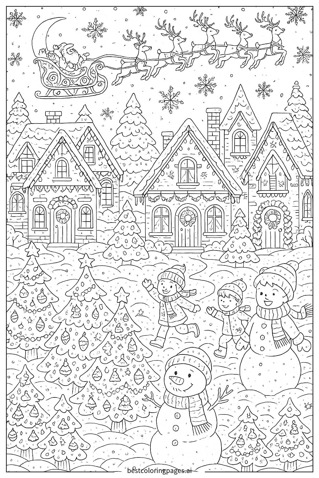 Snowy village with christmas lights